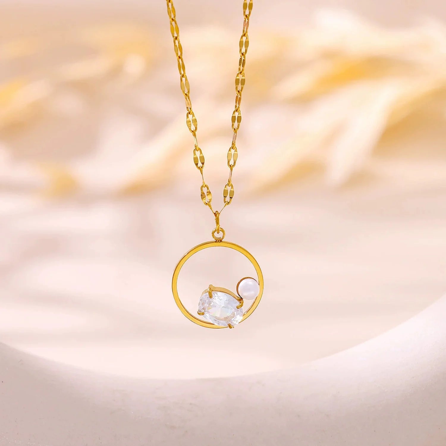 Gold Crystal Pearl Circle Necklace