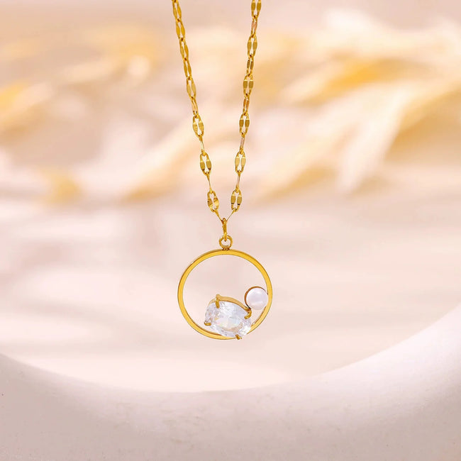 Gold Crystal Pearl Circle Necklace