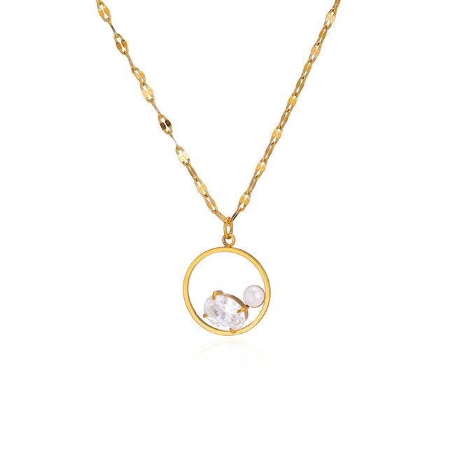 Gold Crystal Pearl Circle Necklace