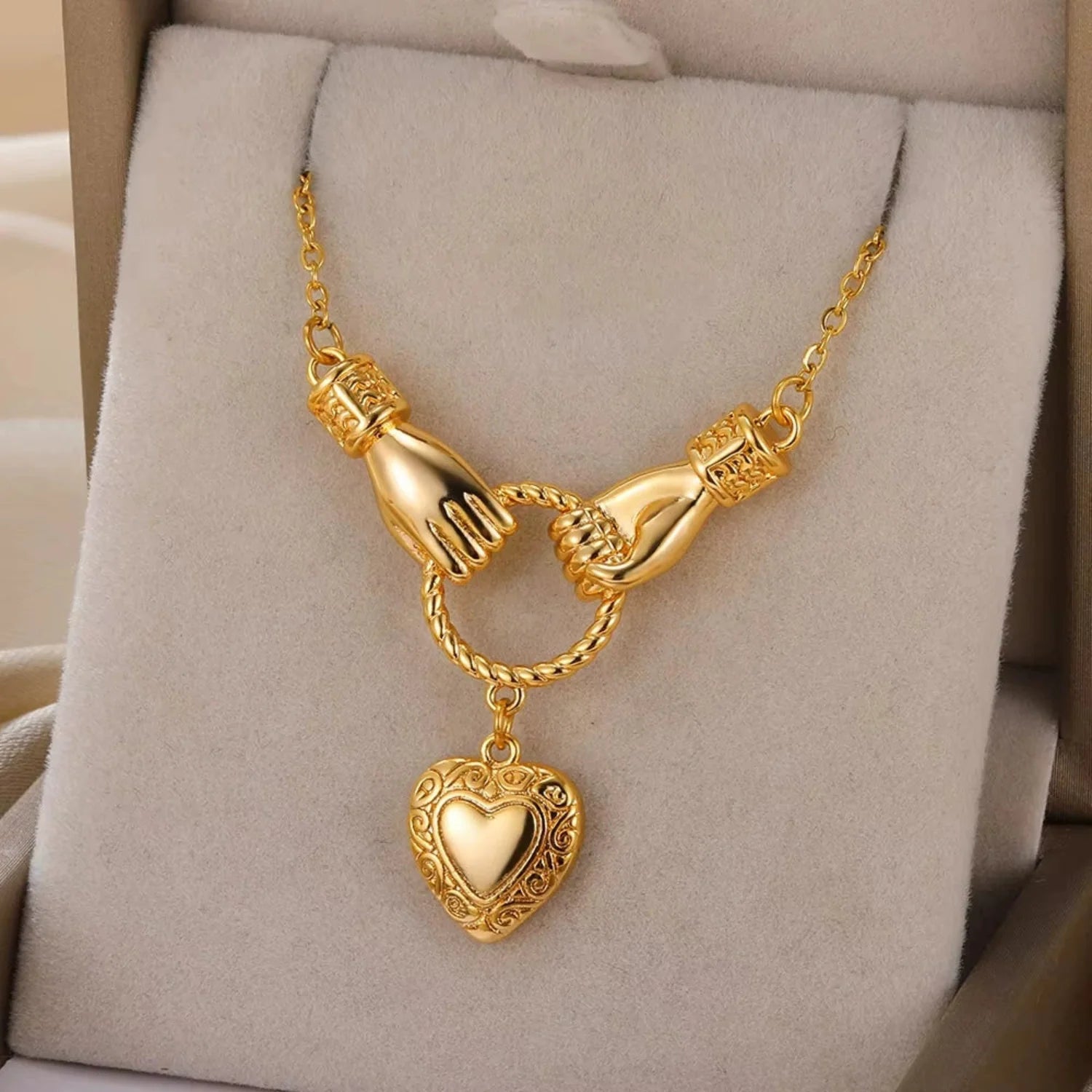 Gold Heart Hands Necklace