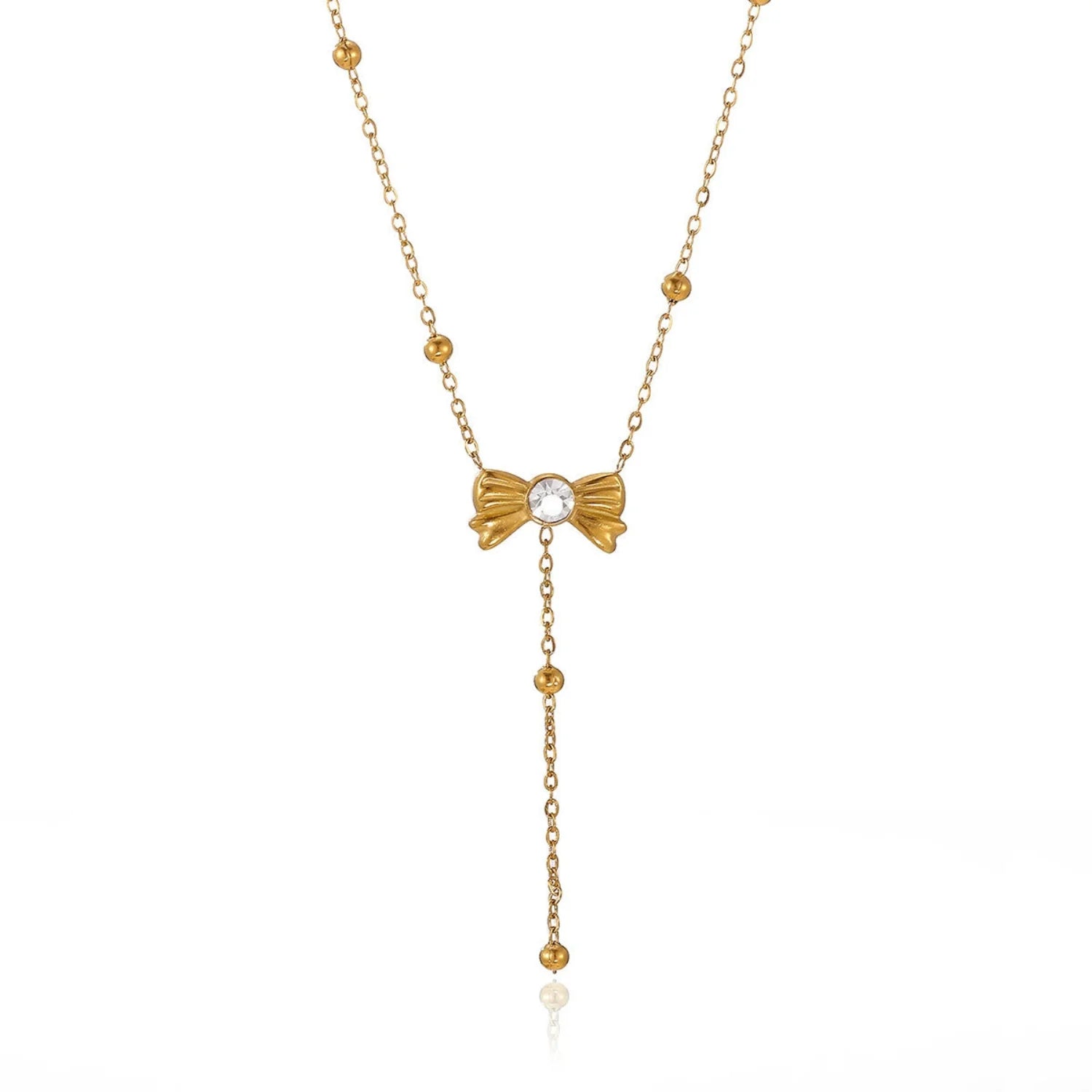 Gold Beaded Bow Crystal Necklace
