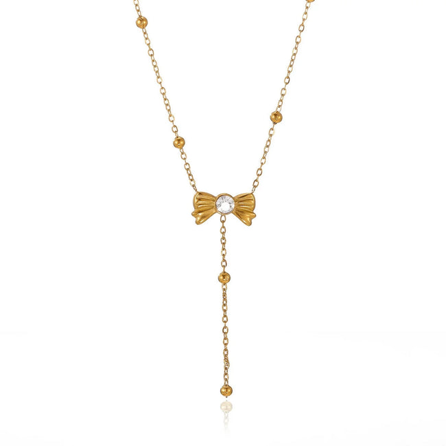 Gold Beaded Bow Crystal Necklace