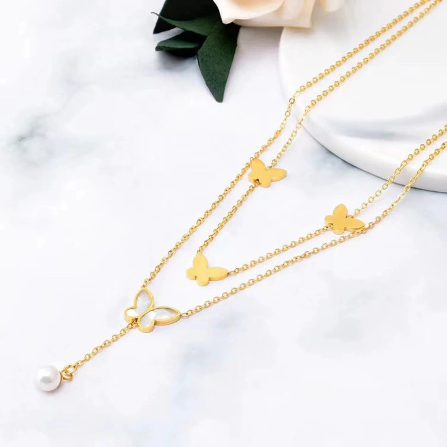 Gold Butterfly Pearl Necklace