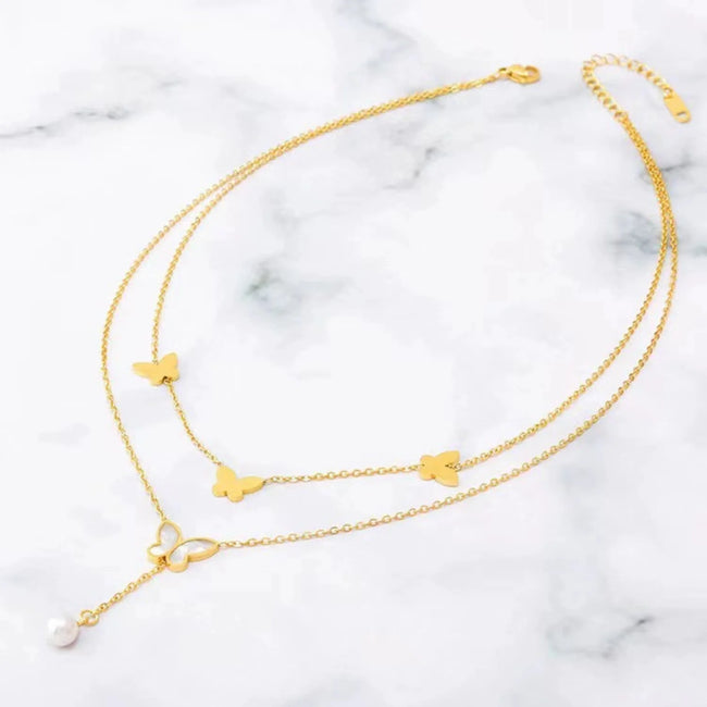 Gold Butterfly Pearl Necklace