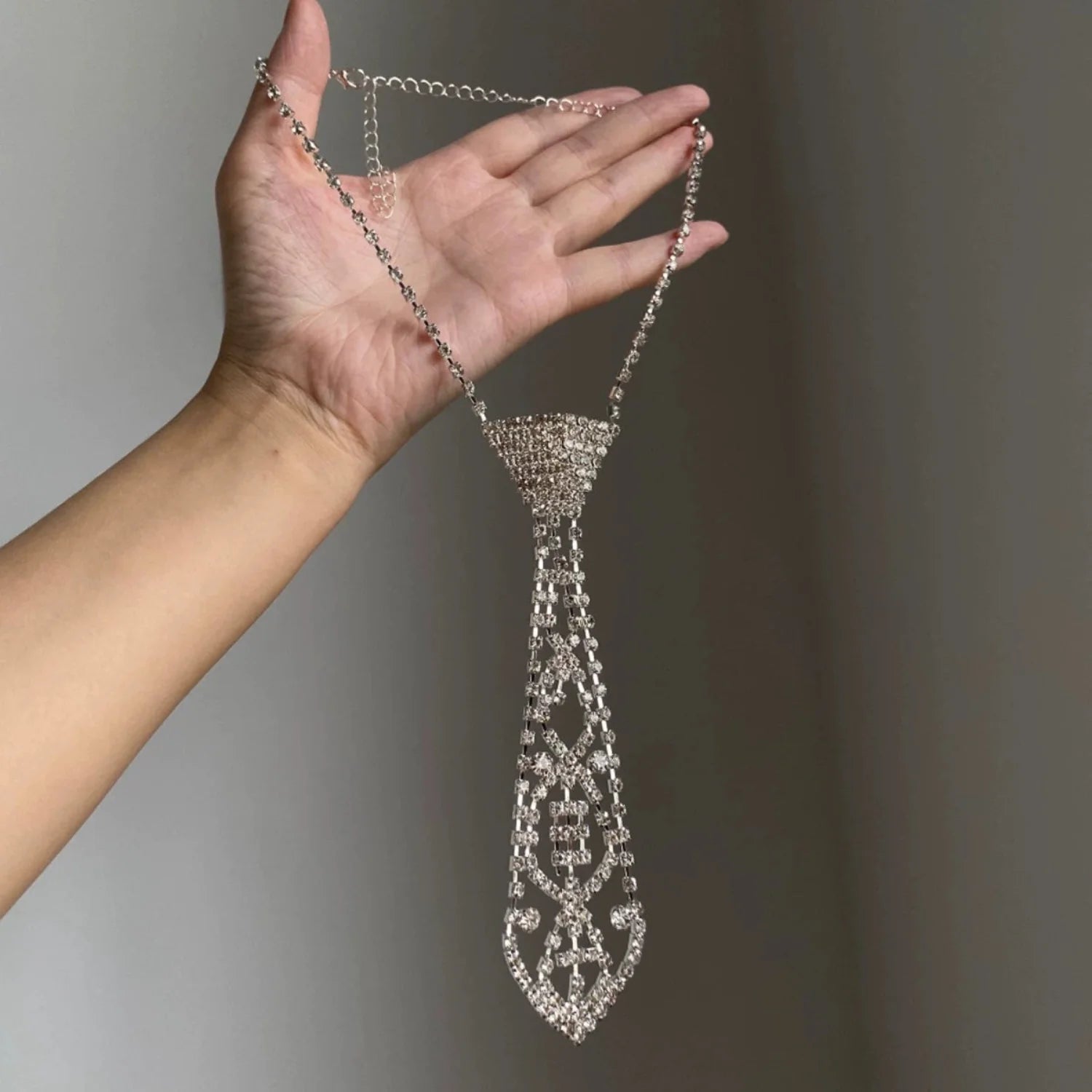 Silver Crystal Tie Necklace