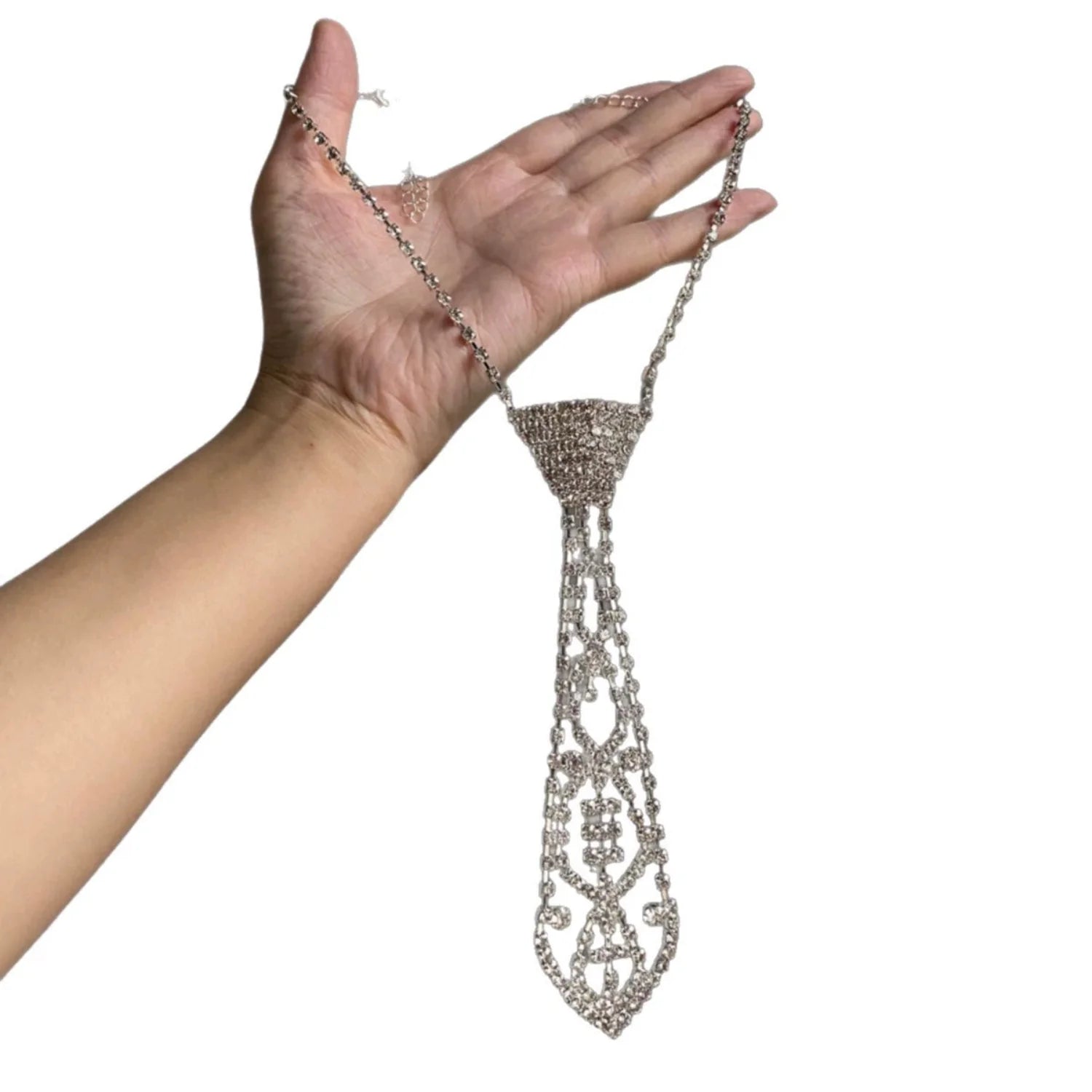 Silver Crystal Tie Necklace