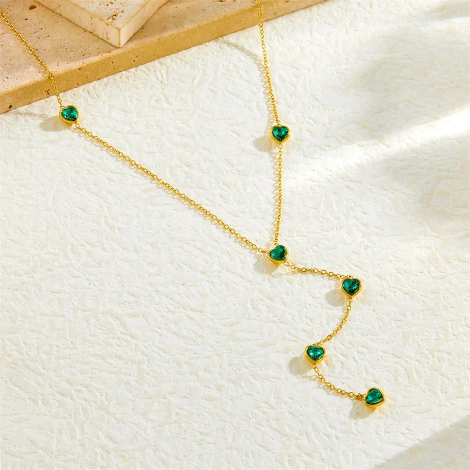 Gold Heart Emerald Y-Necklace