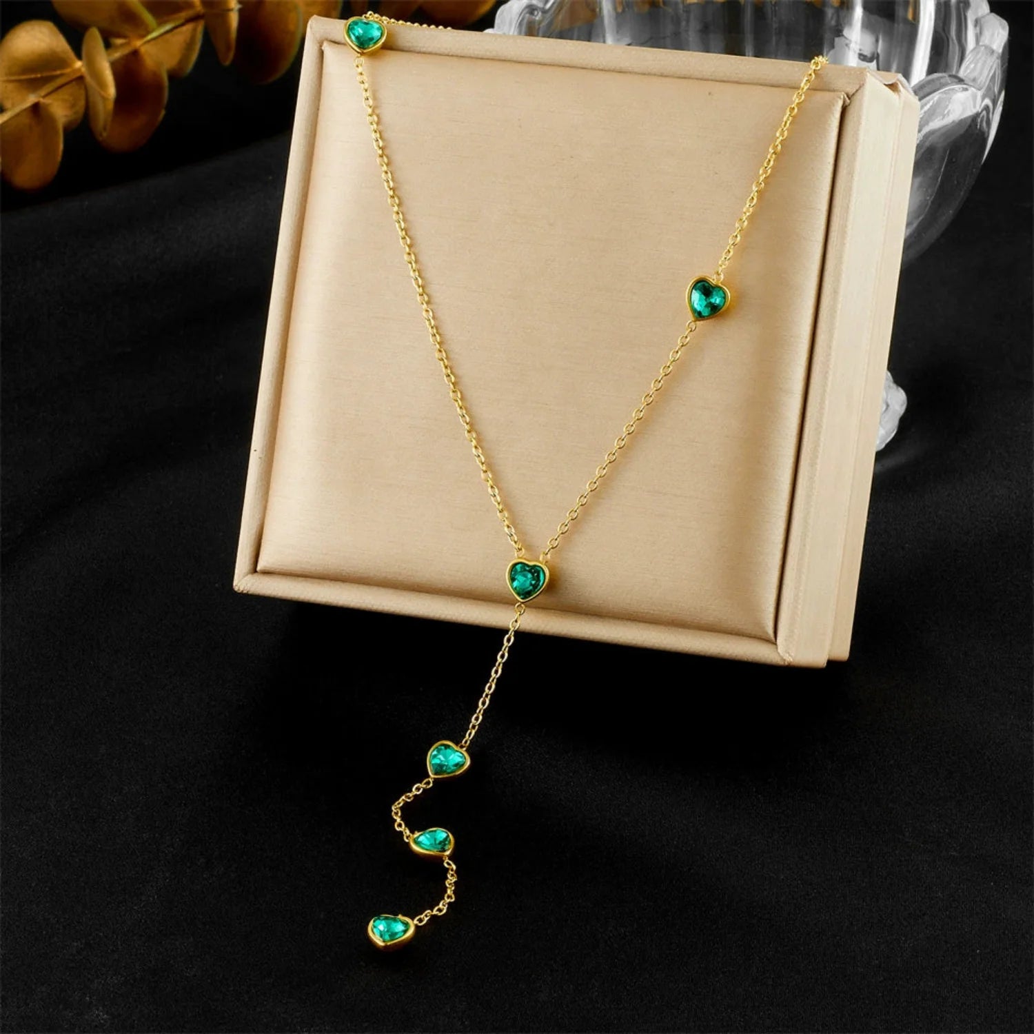 Gold Heart Emerald Y-Necklace