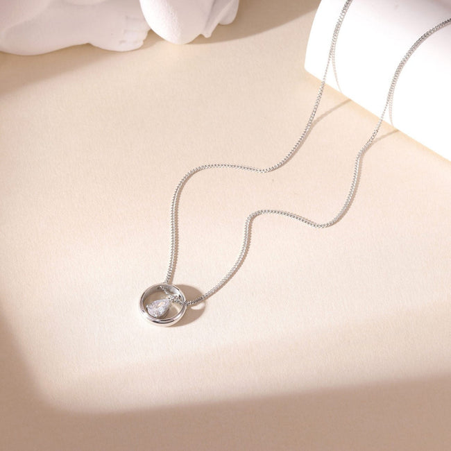 Silver Circle Teardrop Crystal Necklace
