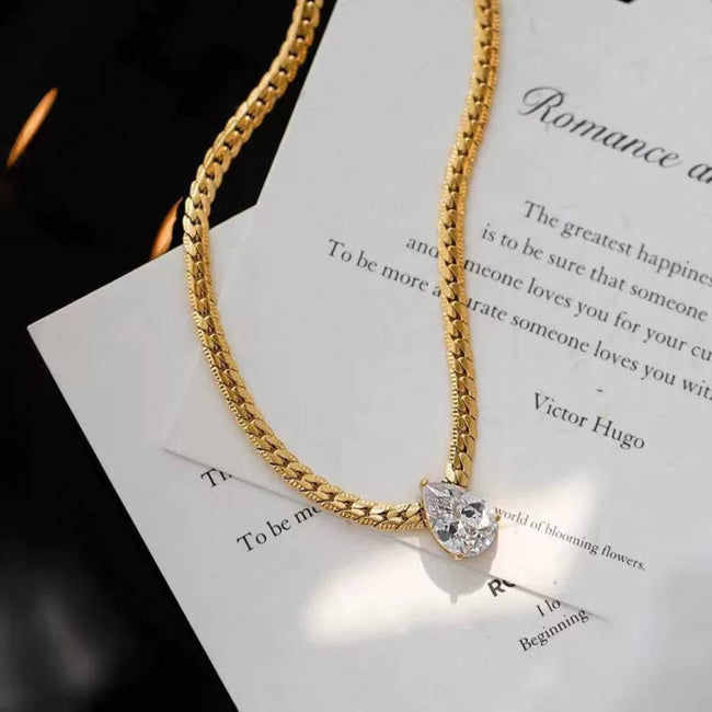 Gold Teardrop Crystal Herringbone Necklace