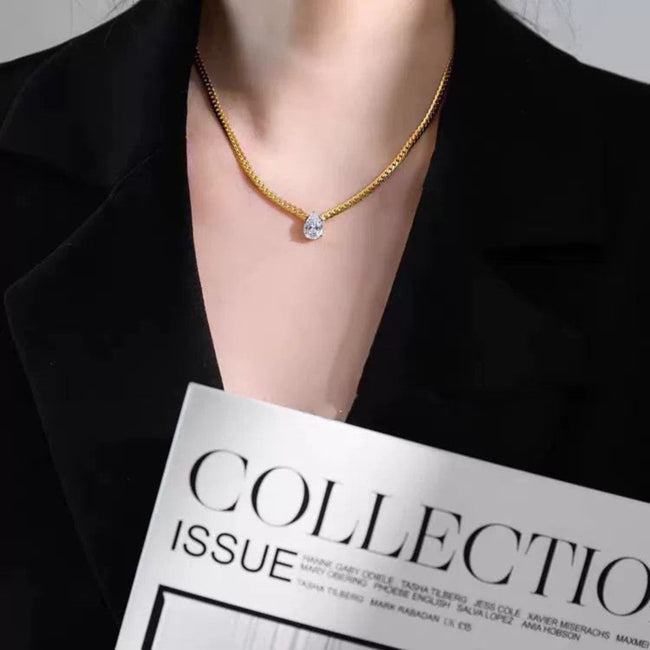 Gold Teardrop Crystal Herringbone Necklace