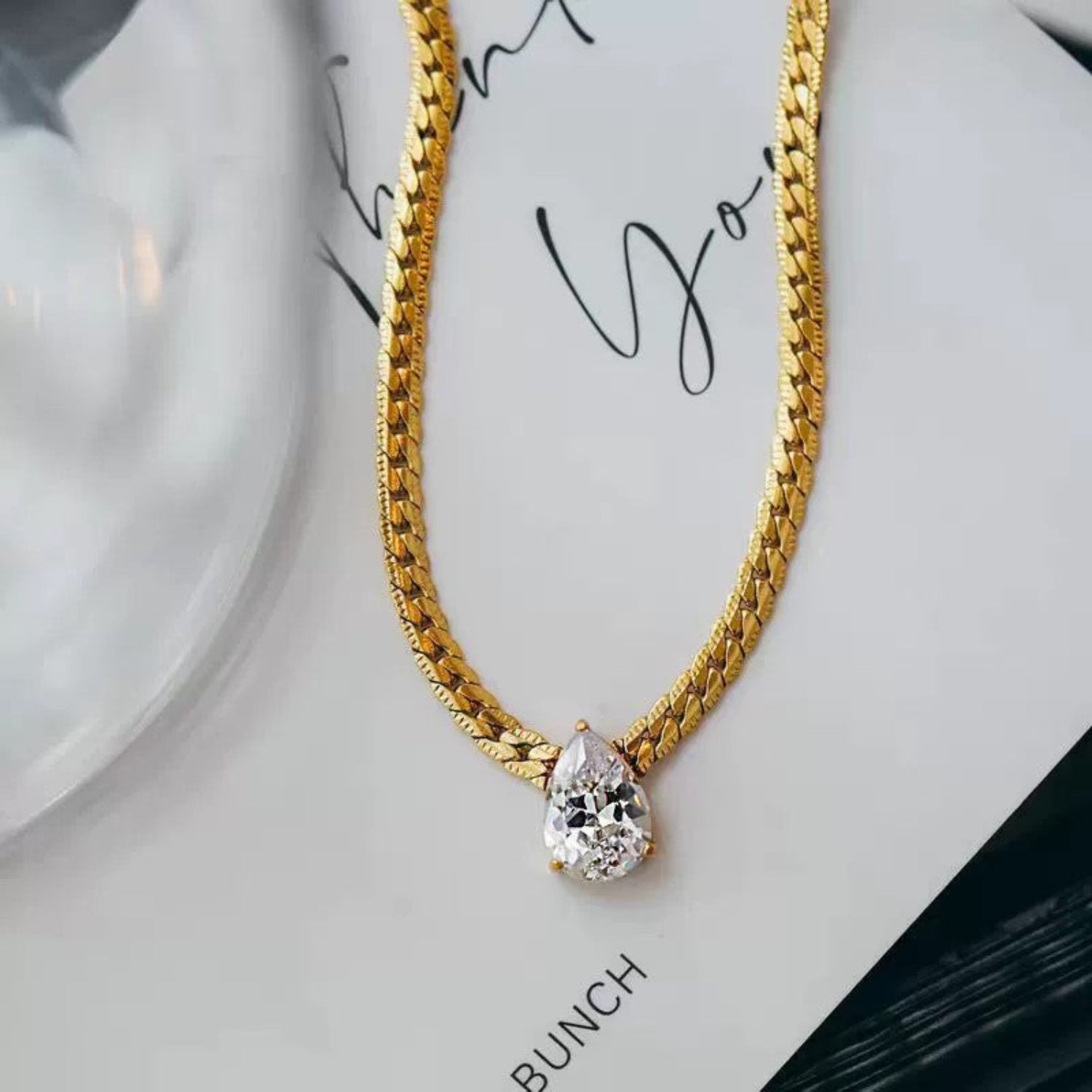 Gold Teardrop Crystal Herringbone Necklace