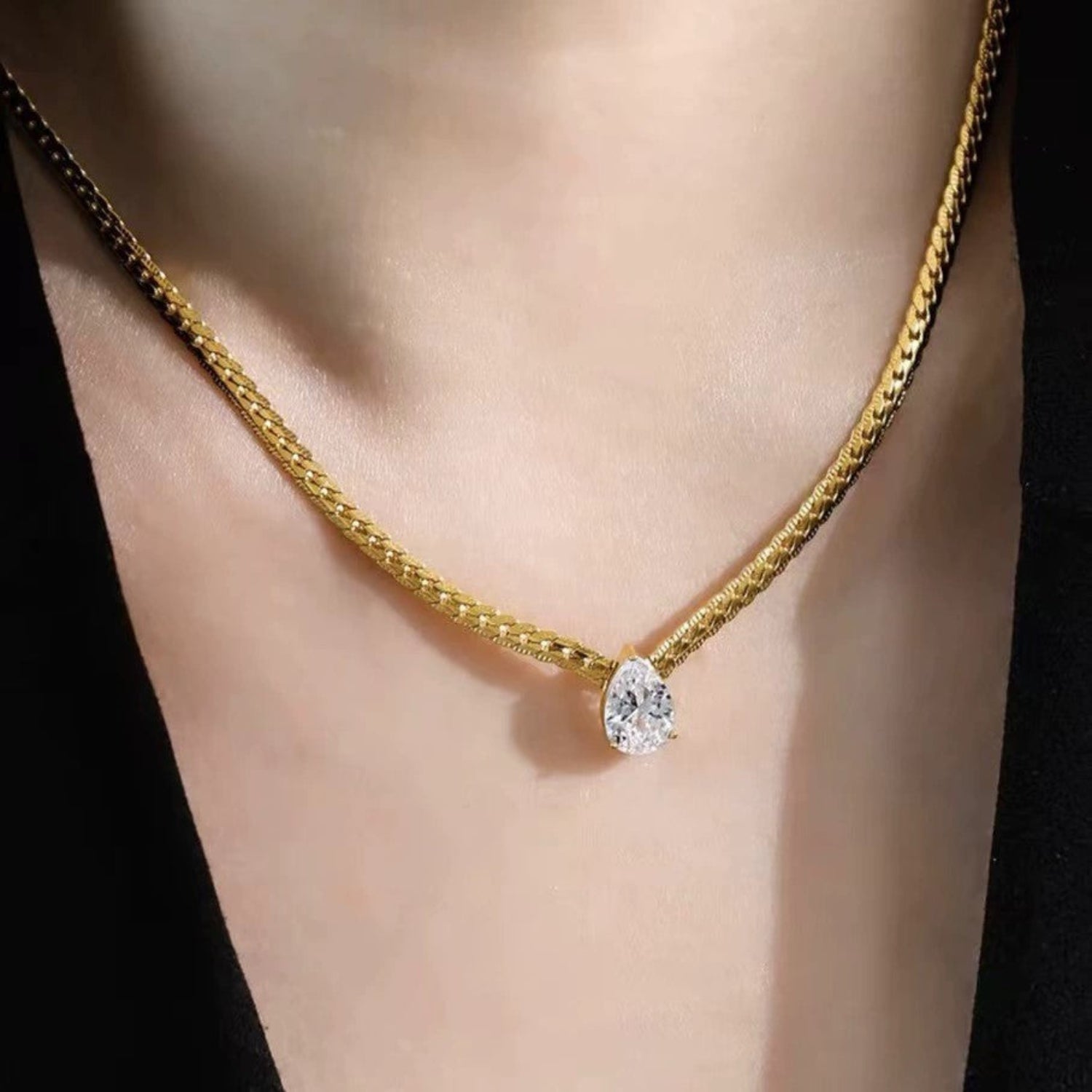 Gold Teardrop Crystal Herringbone Necklace