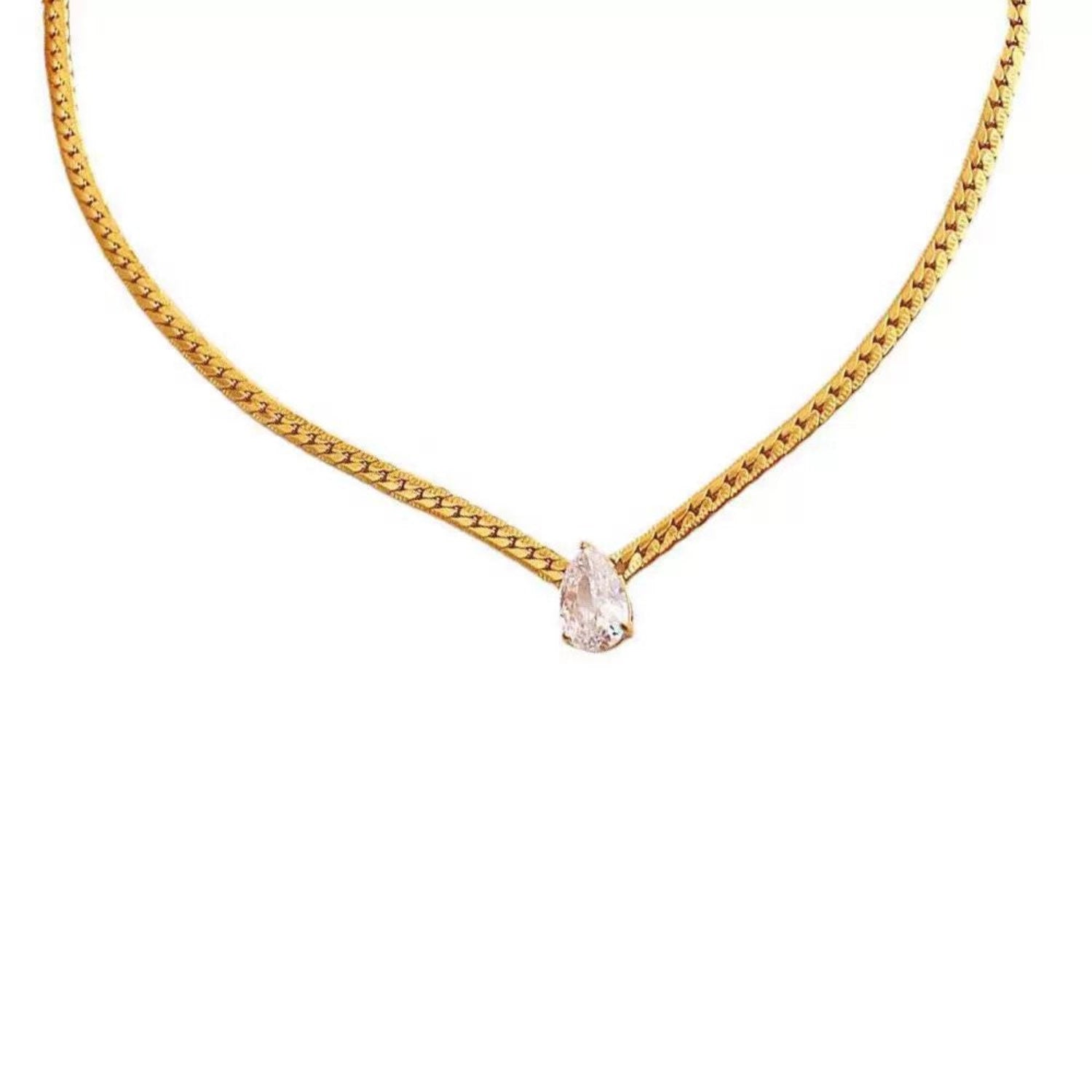Gold Teardrop Crystal Herringbone Necklace