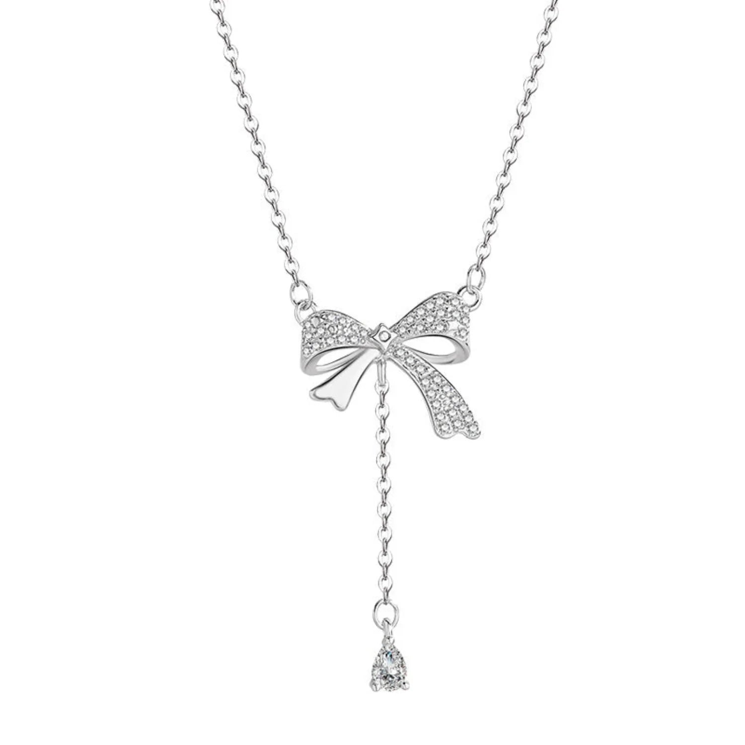 Silver Crystal Bow Necklace