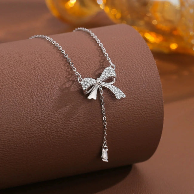 Silver Crystal Bow Necklace