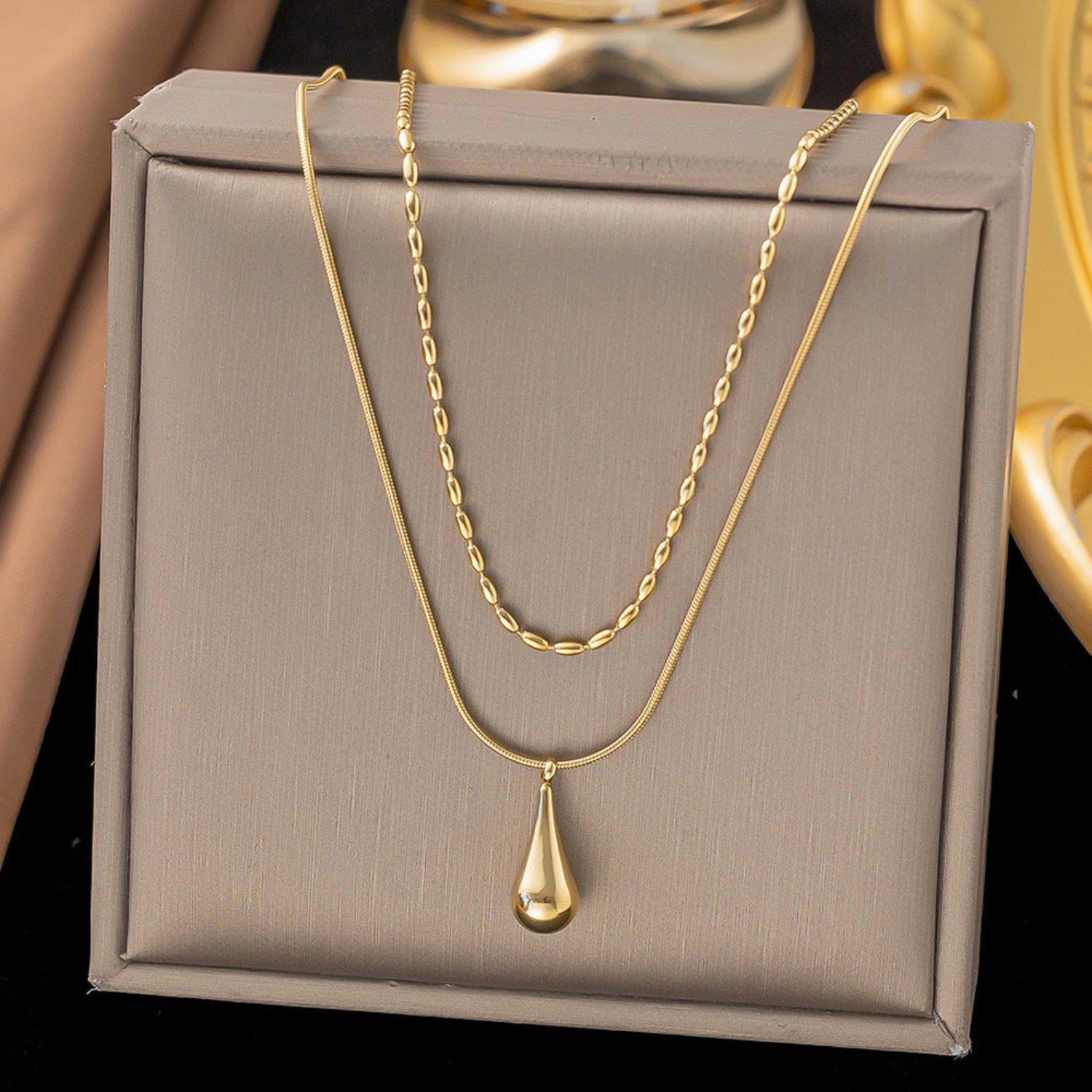 Gold Double Layered Teardrop Pendant Necklace