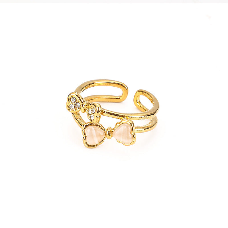 Dual Bow Knot Open Ring With Crystal Accents