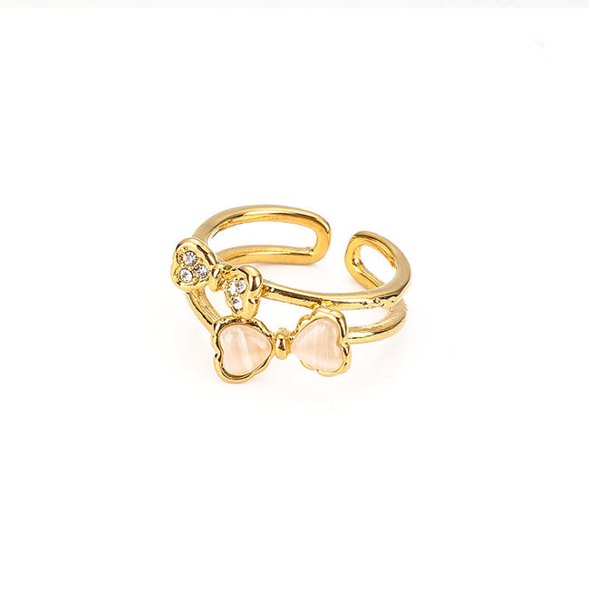Dual Bow Knot Open Ring With Crystal Accents