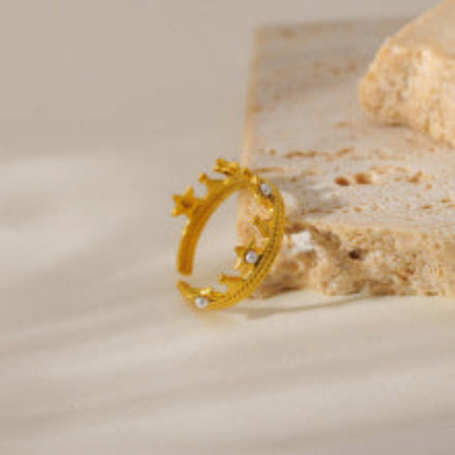 Adjustable Gold Crown Ring With Star Details