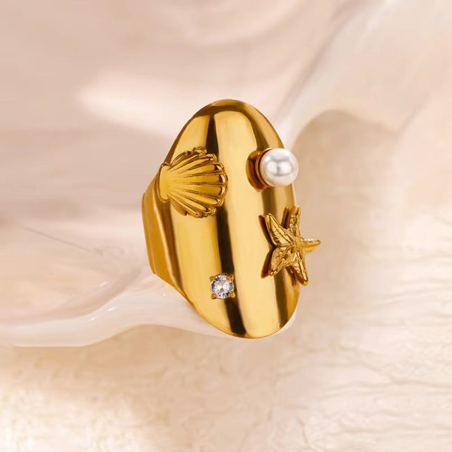 Beach Wear Gold Star Pearl Stone Ring