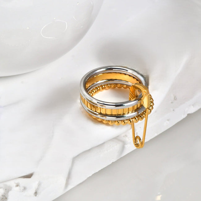 Dual Tone Beaded Safety Pin Ring