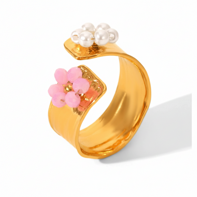 Bold Two-Tone Flower Adjustable Gold Cuff Ring