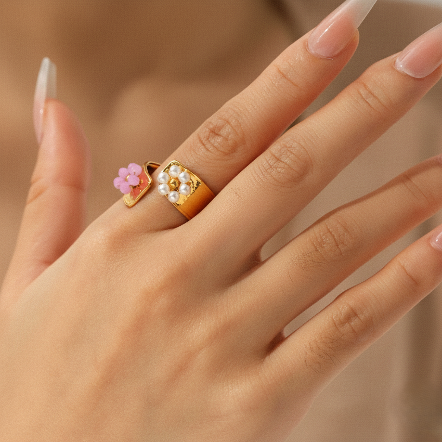 Bold Two-Tone Flower Adjustable Gold Cuff Ring