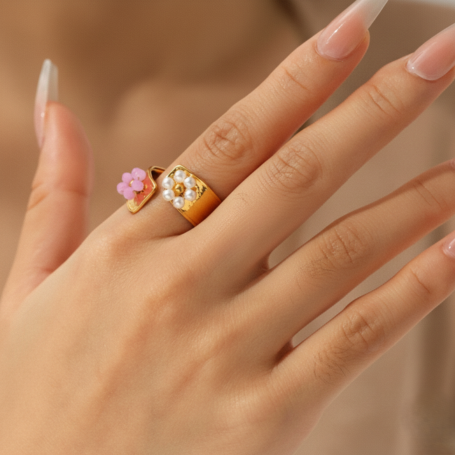 Bold Two-Tone Flower Adjustable Gold Cuff Ring