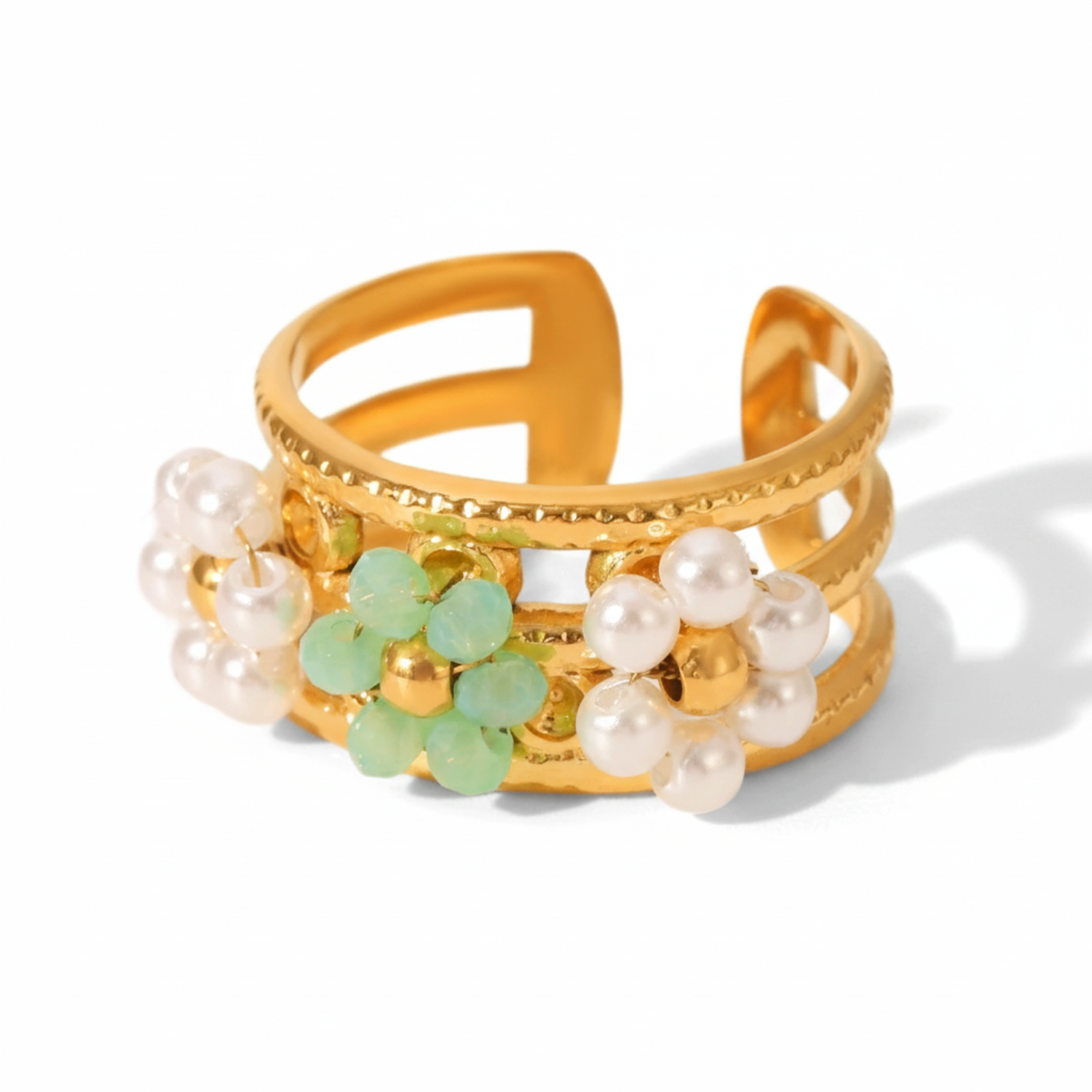Triple Flower Gold Wide Cuff Ring