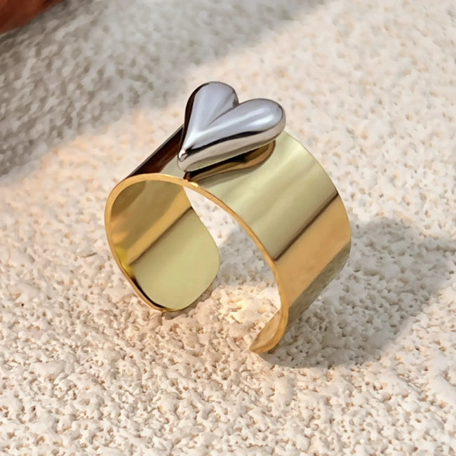 Two-Tone Puffy Heart Cuff Ring