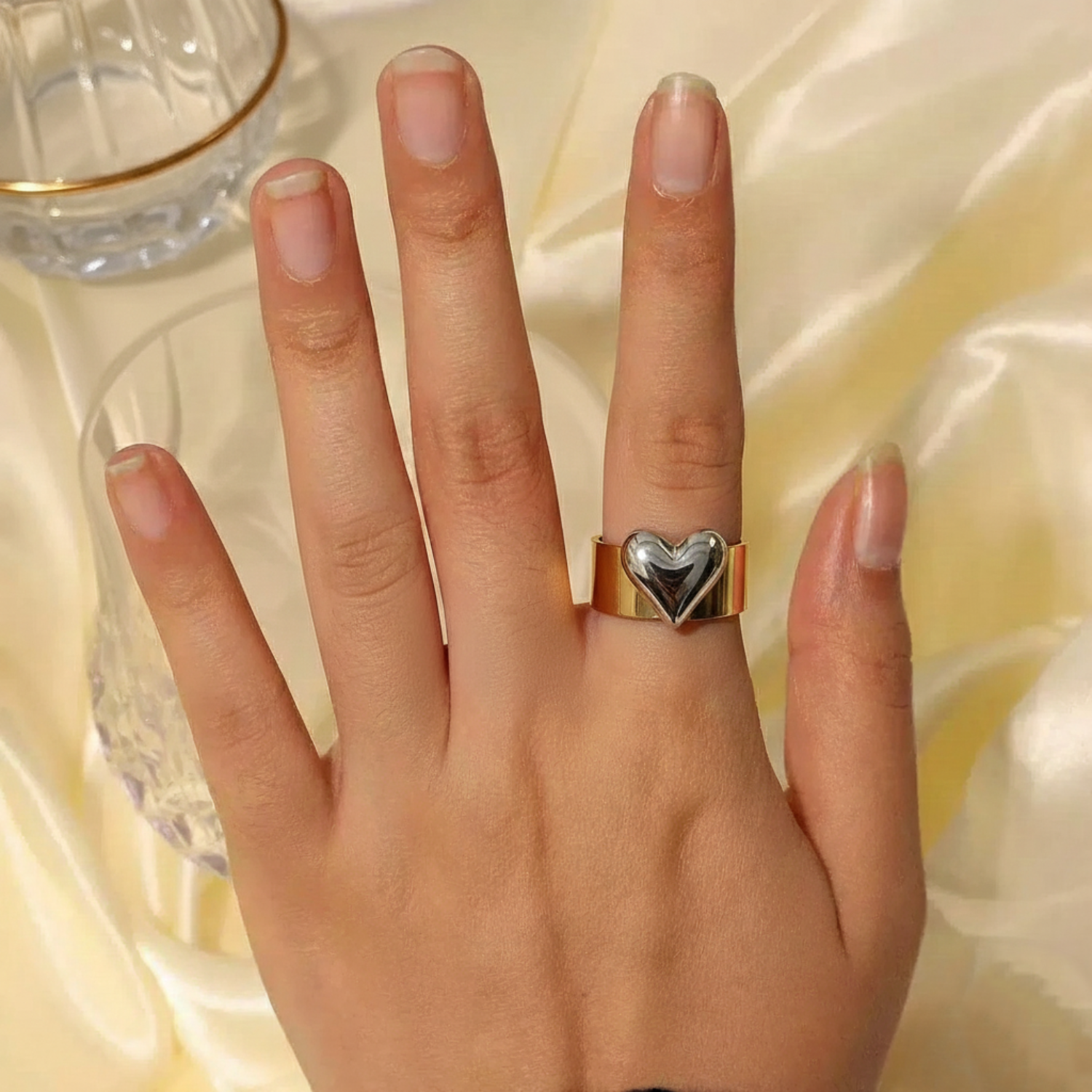 Two-Tone Puffy Heart Cuff Ring