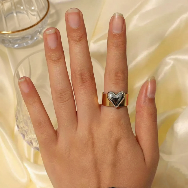 Two-Tone Puffy Heart Cuff Ring