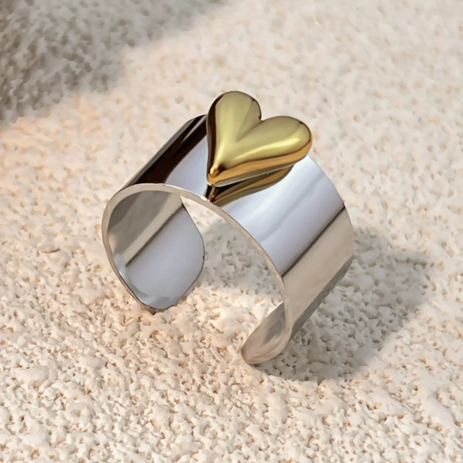 Two-Tone Puffy Heart Cuff Ring