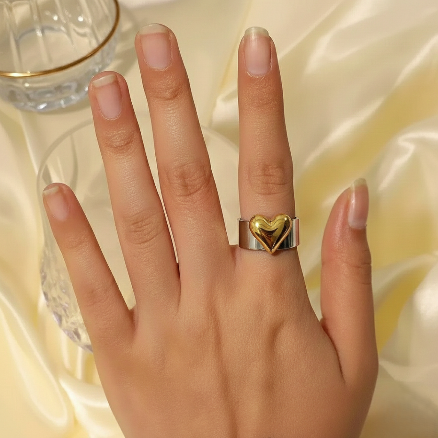 Two-Tone Puffy Heart Cuff Ring