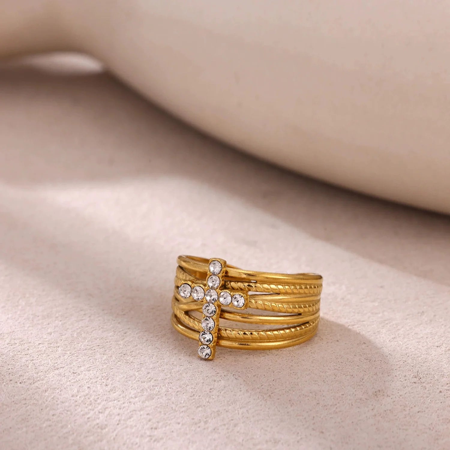 Crystal Cross Multi-Layer Gold Ring