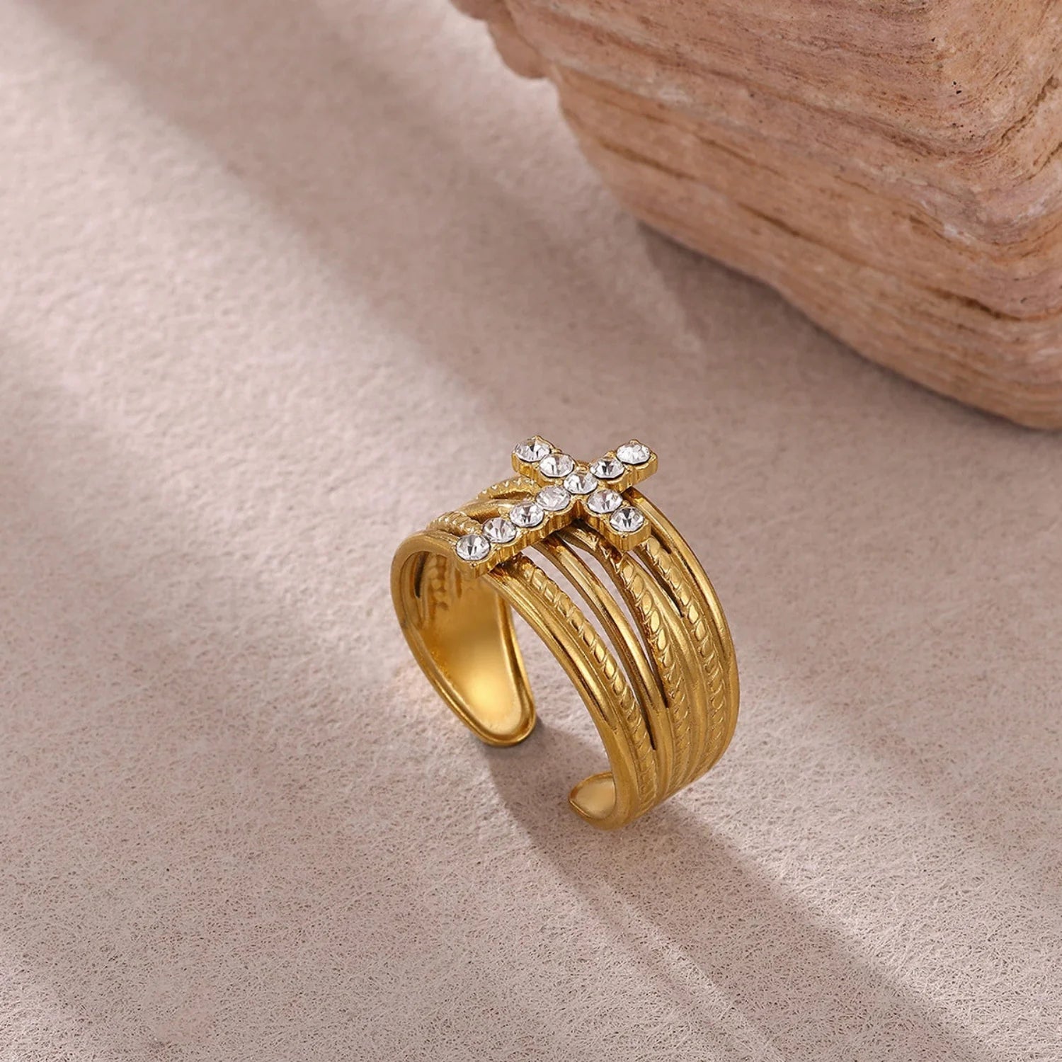 Crystal Cross Multi-Layer Gold Ring