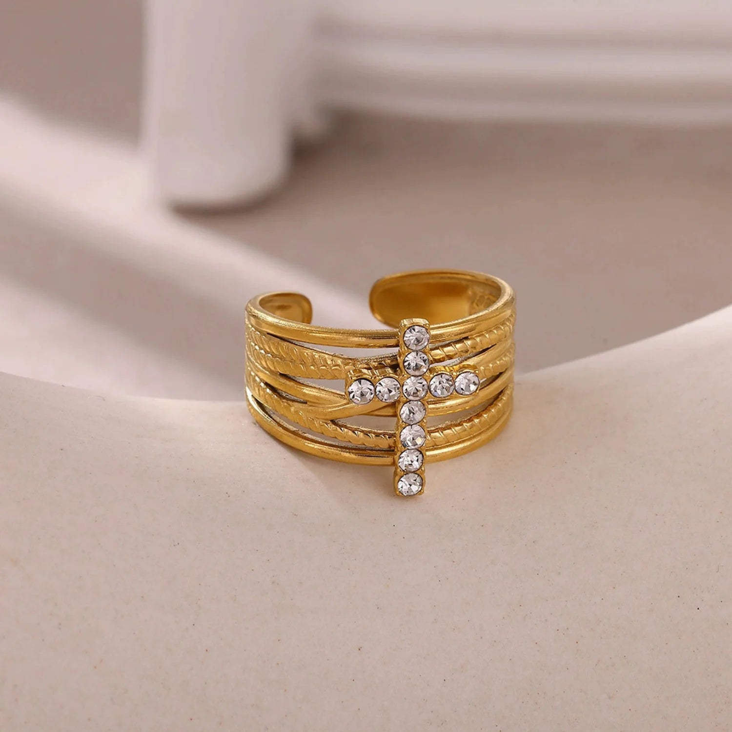 Crystal Cross Multi-Layer Gold Ring