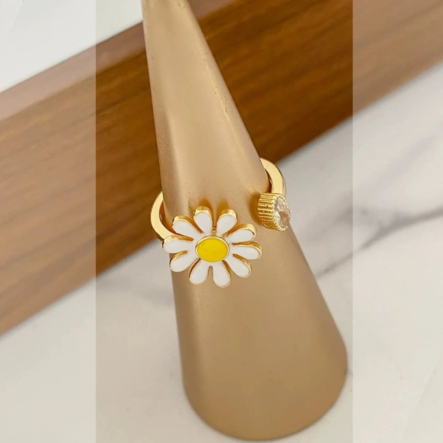 Dainty White Enamel Daisy Ring