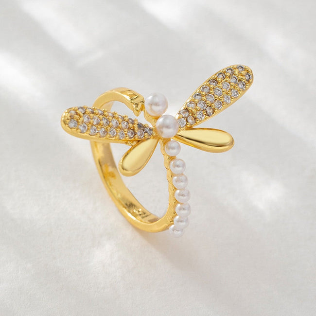 Gold Dragonfly Pearl Crystal Ring