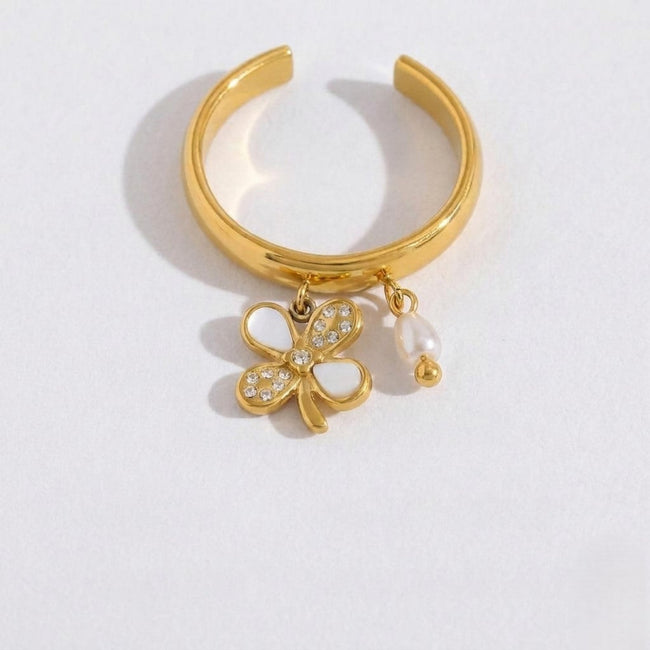 Gold Clover Pearl Dangle Ring
