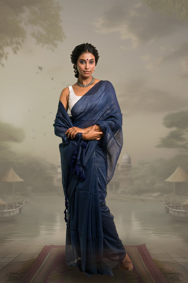 Jal Tarang Navy Blue Handloom Mul Cotton Saree with Zari Stripes