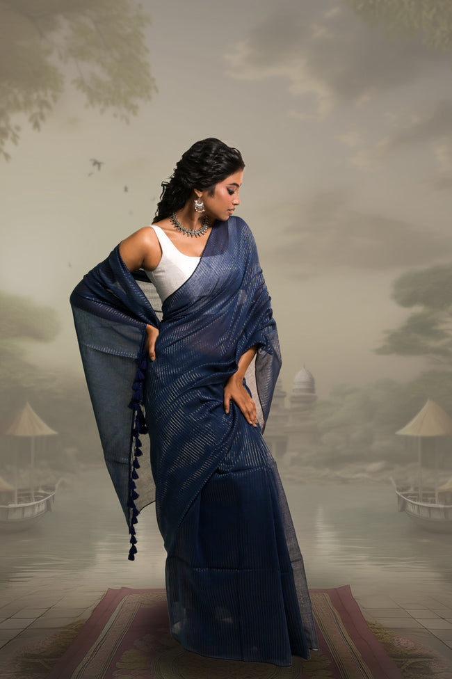 Jal Tarang Navy Blue Handloom Mul Cotton Saree with Zari Stripes