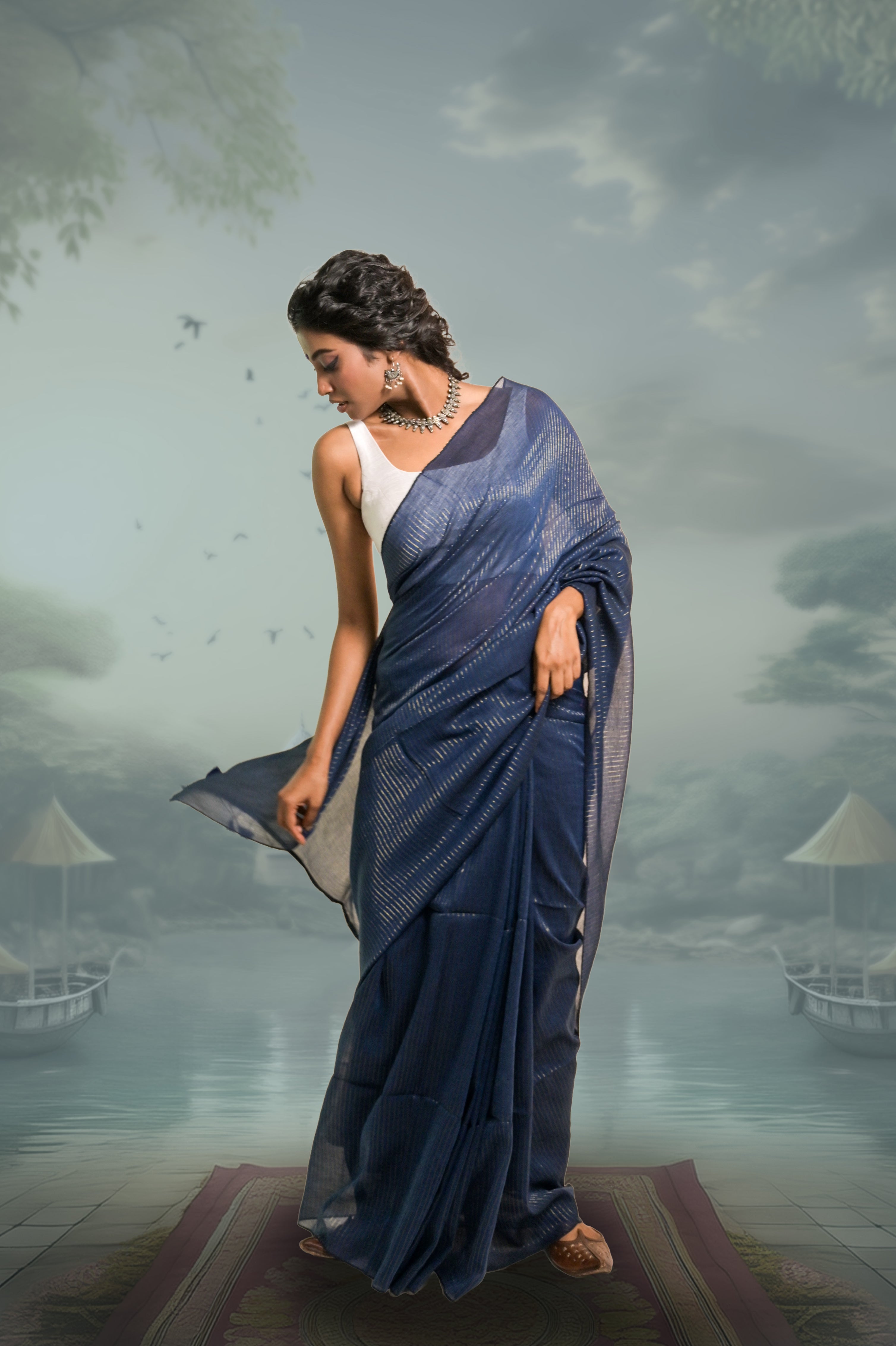 Jal Tarang Navy Blue Handloom Mul Cotton Saree with Zari Stripes