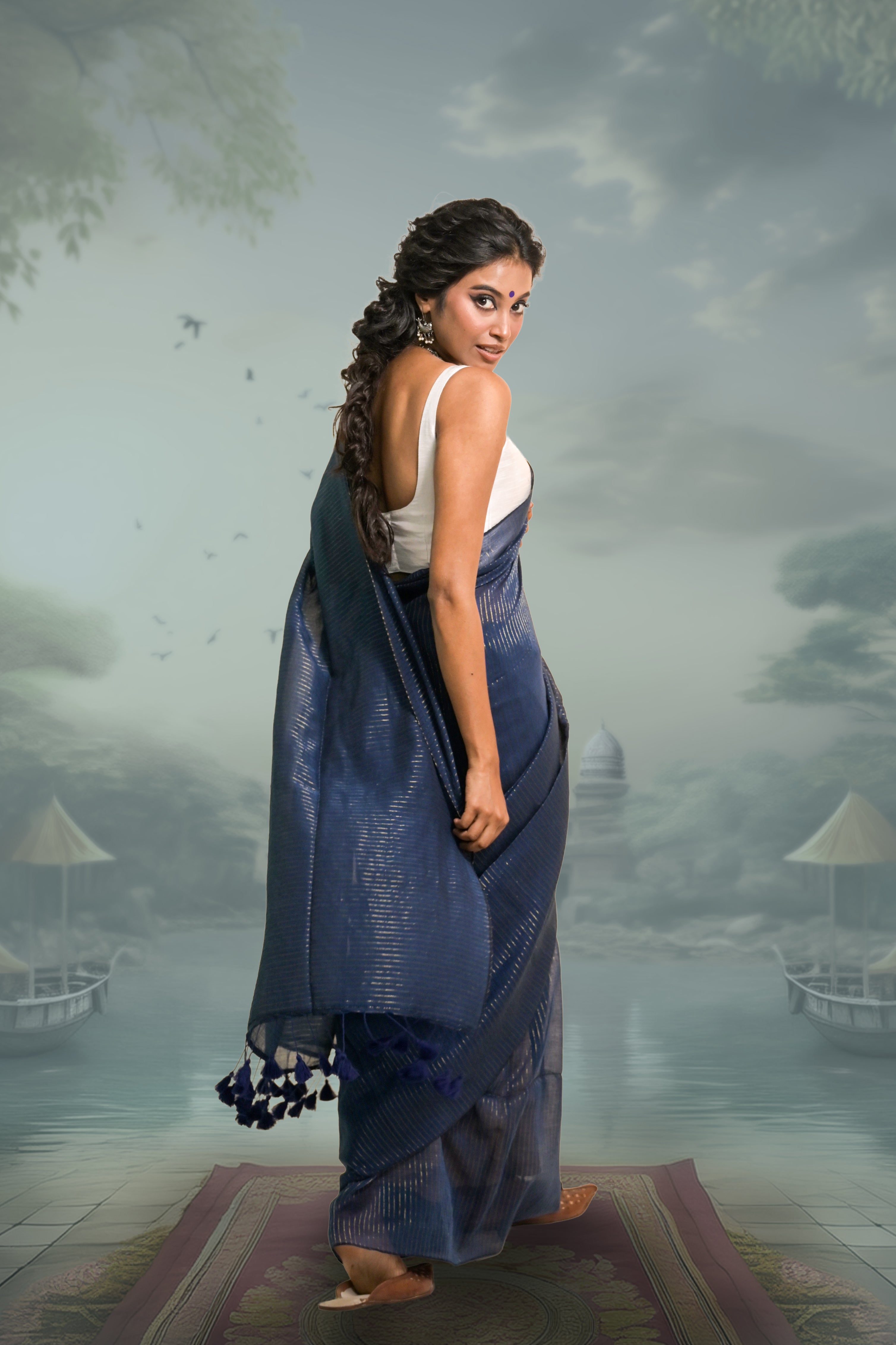 Jal Tarang Navy Blue Handloom Mul Cotton Saree with Zari Stripes