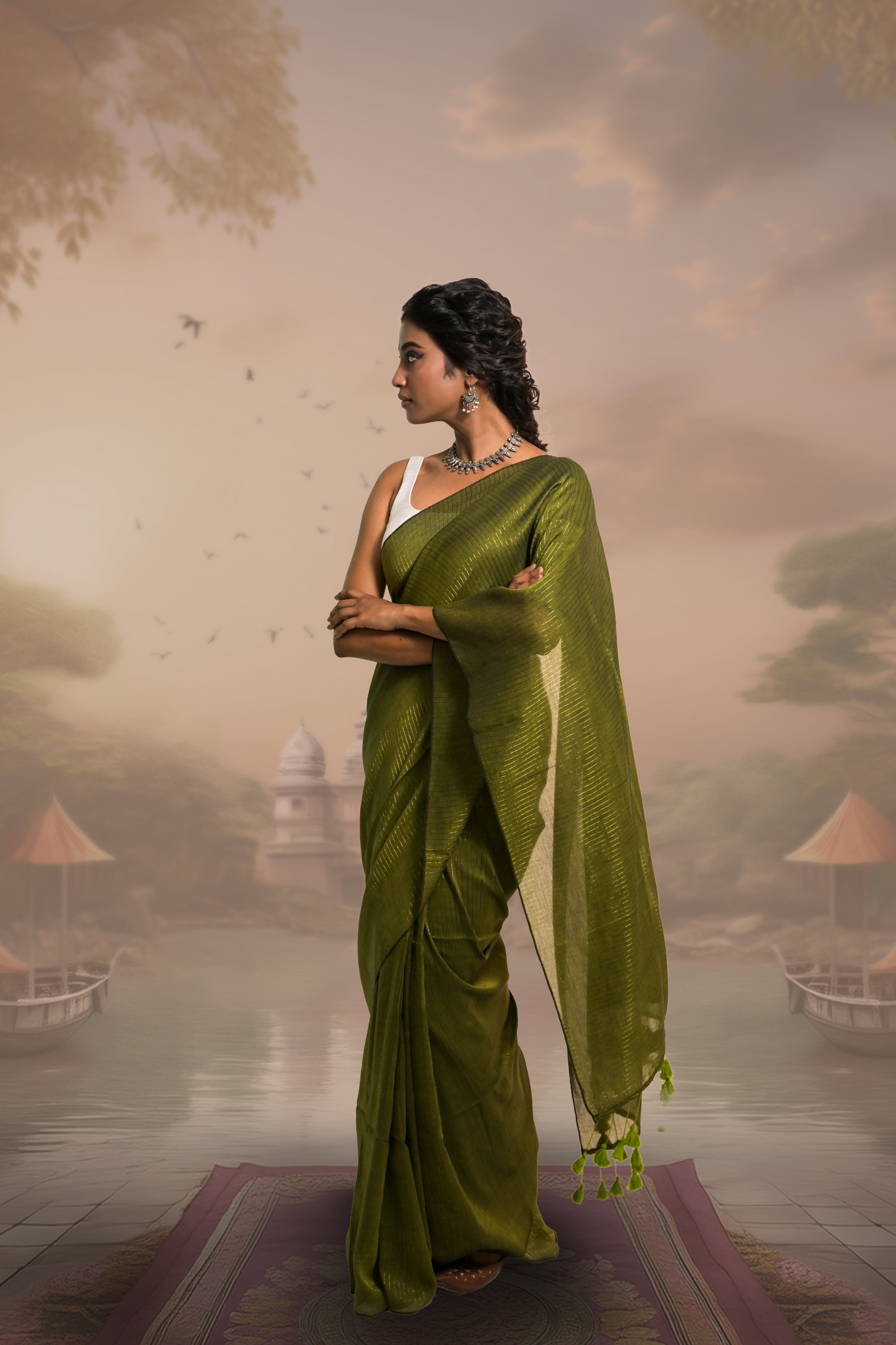 Kanak Olive Green Handloom Mul Cotton Saree with Zari Stripes