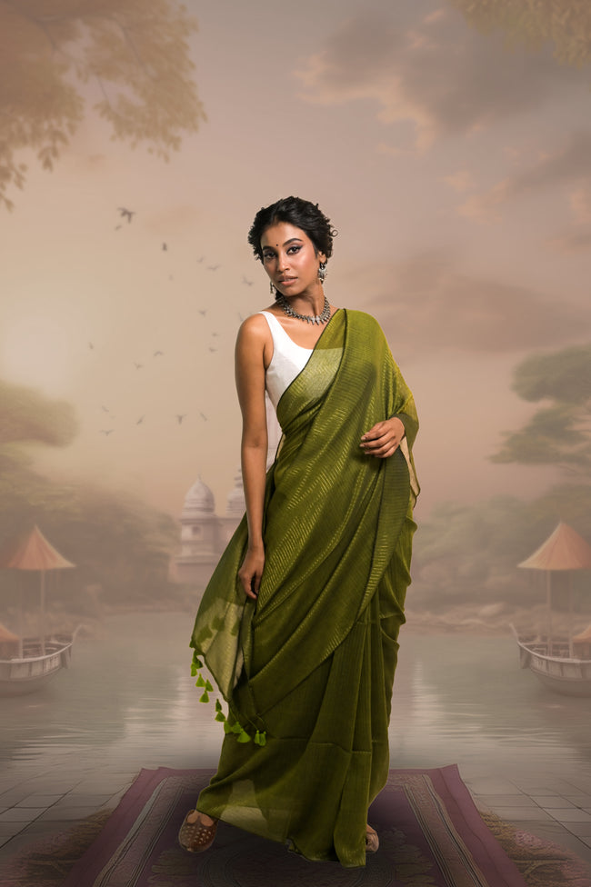 Kanak Olive Green Handloom Mul Cotton Saree with Zari Stripes