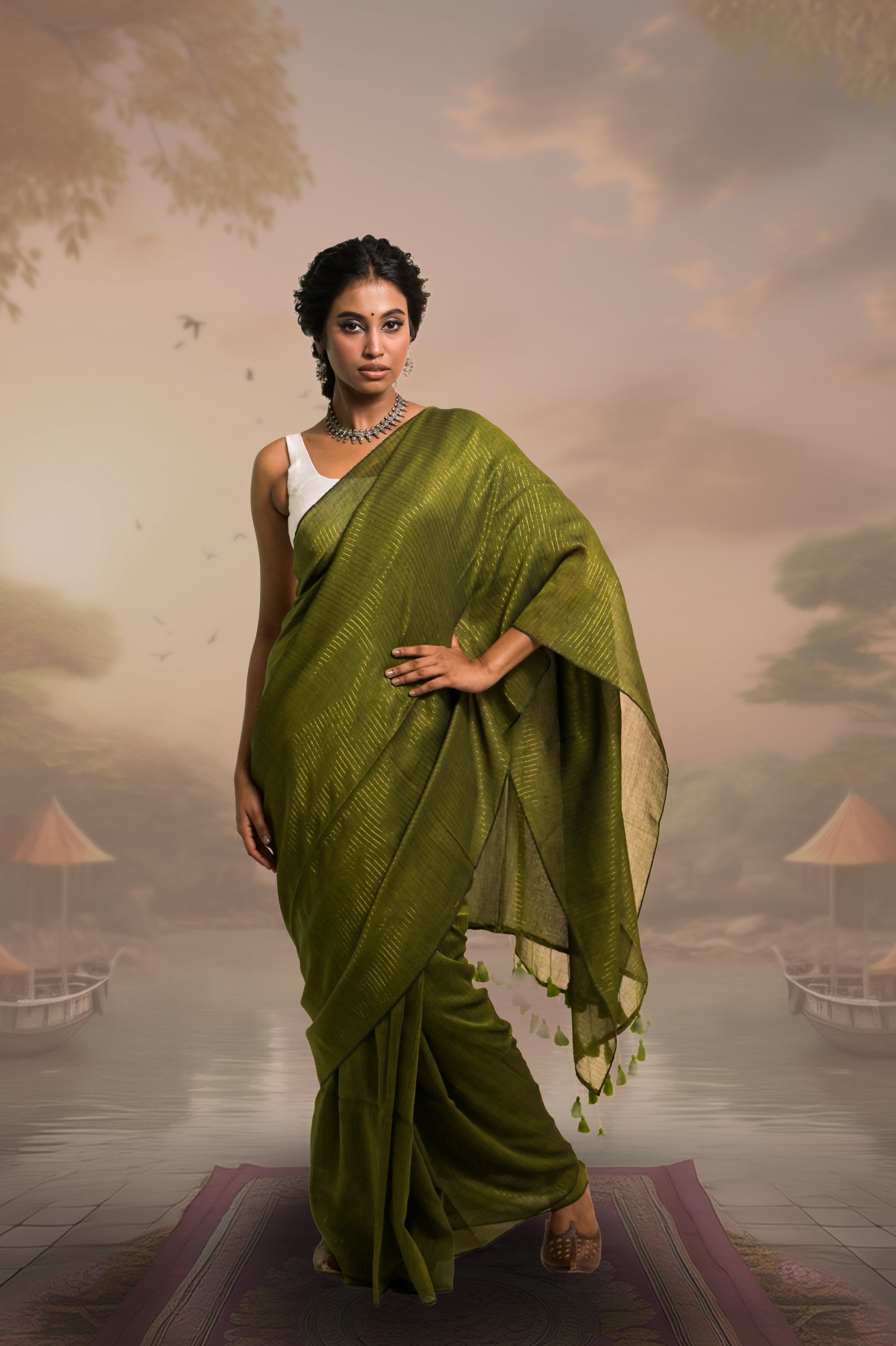 Kanak Olive Green Handloom Mul Cotton Saree with Zari Stripes