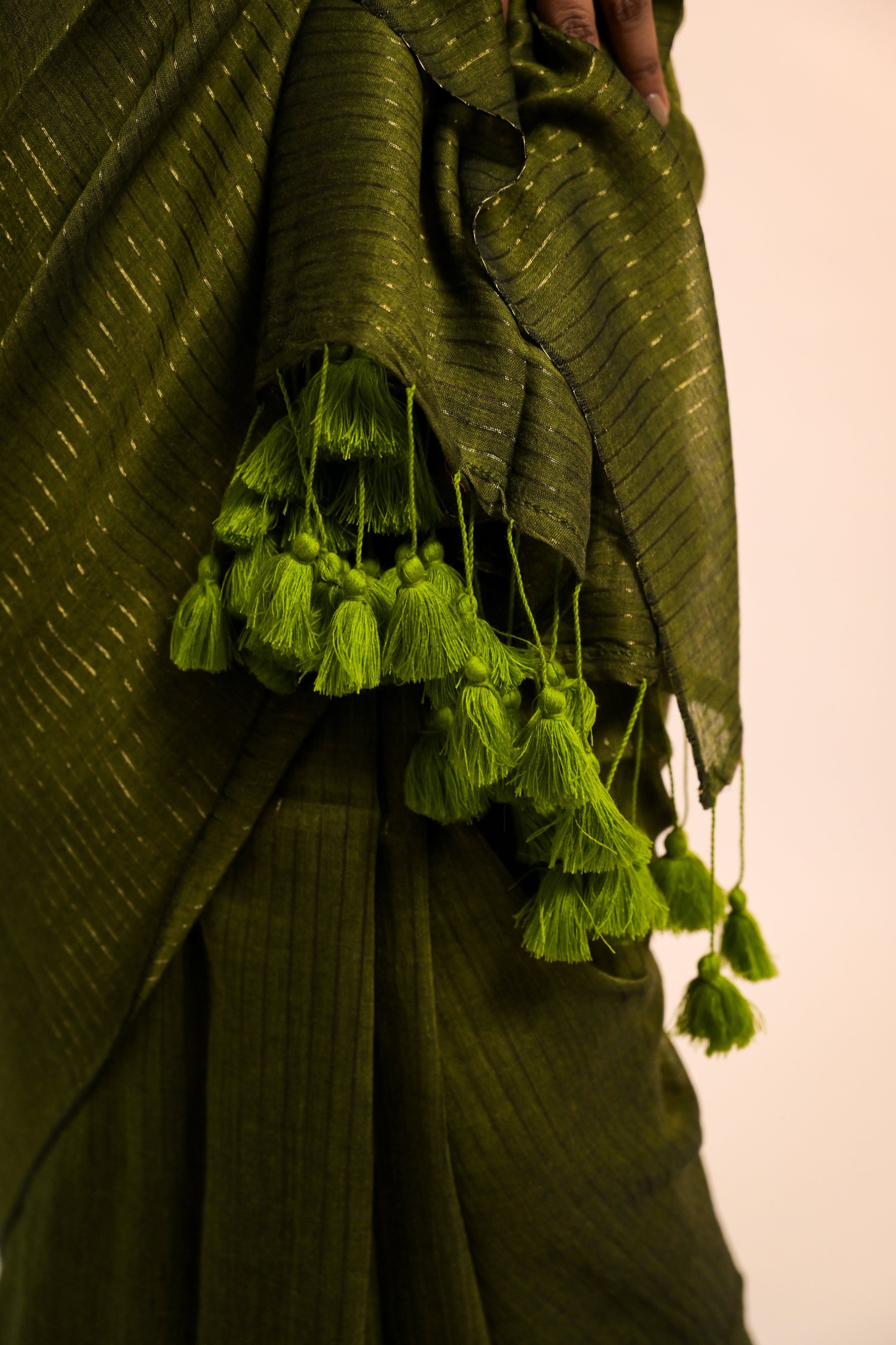 Kanak Olive Green Handloom Mul Cotton Saree with Zari Stripes