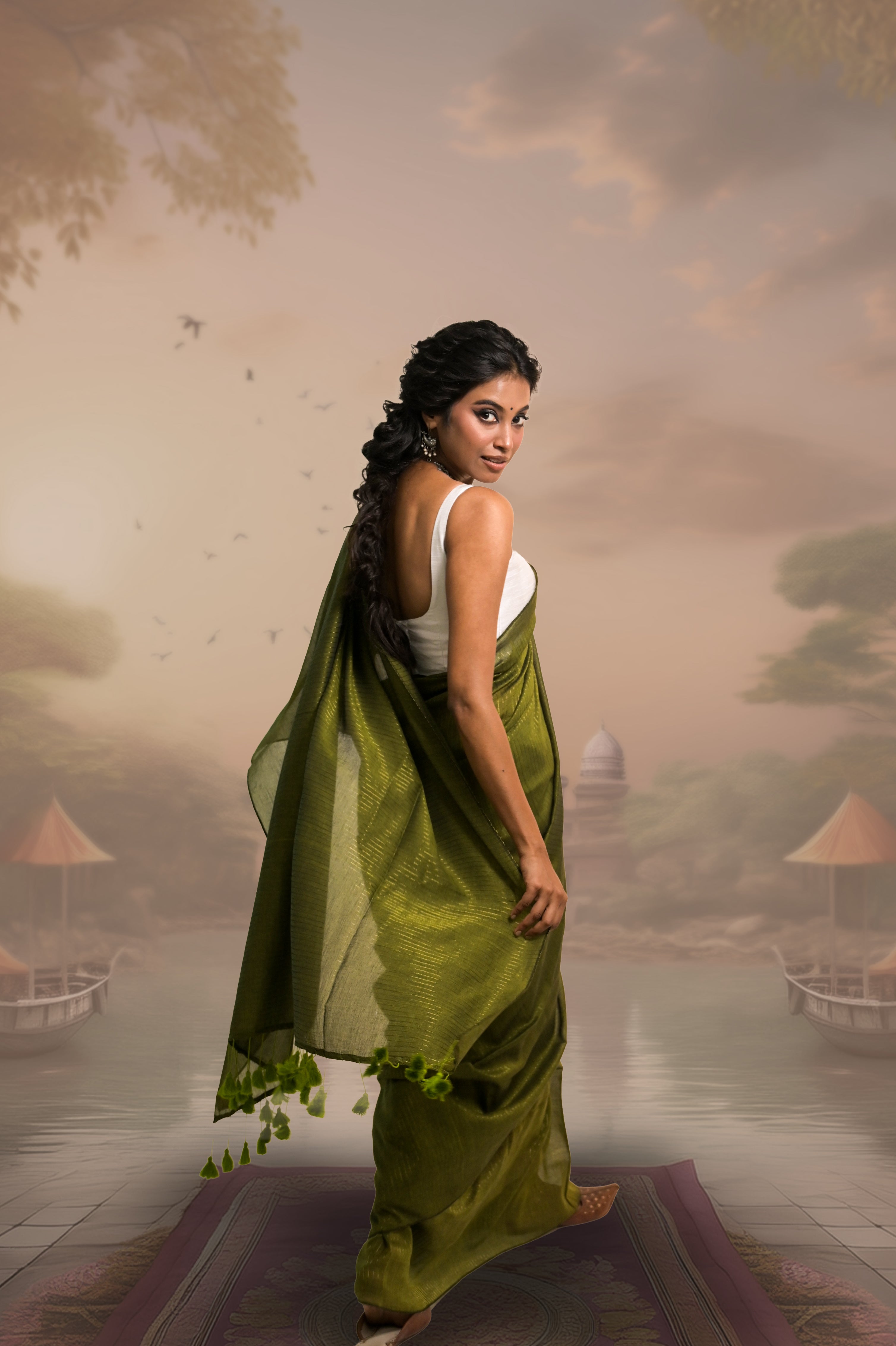 Kanak Olive Green Handloom Mul Cotton Saree with Zari Stripes